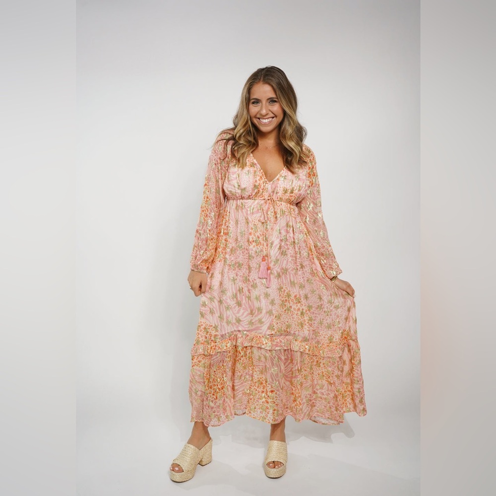 CIEBON Crissta Maxi Dress - Pink Metallic Gold Stars Ling Sleeve
